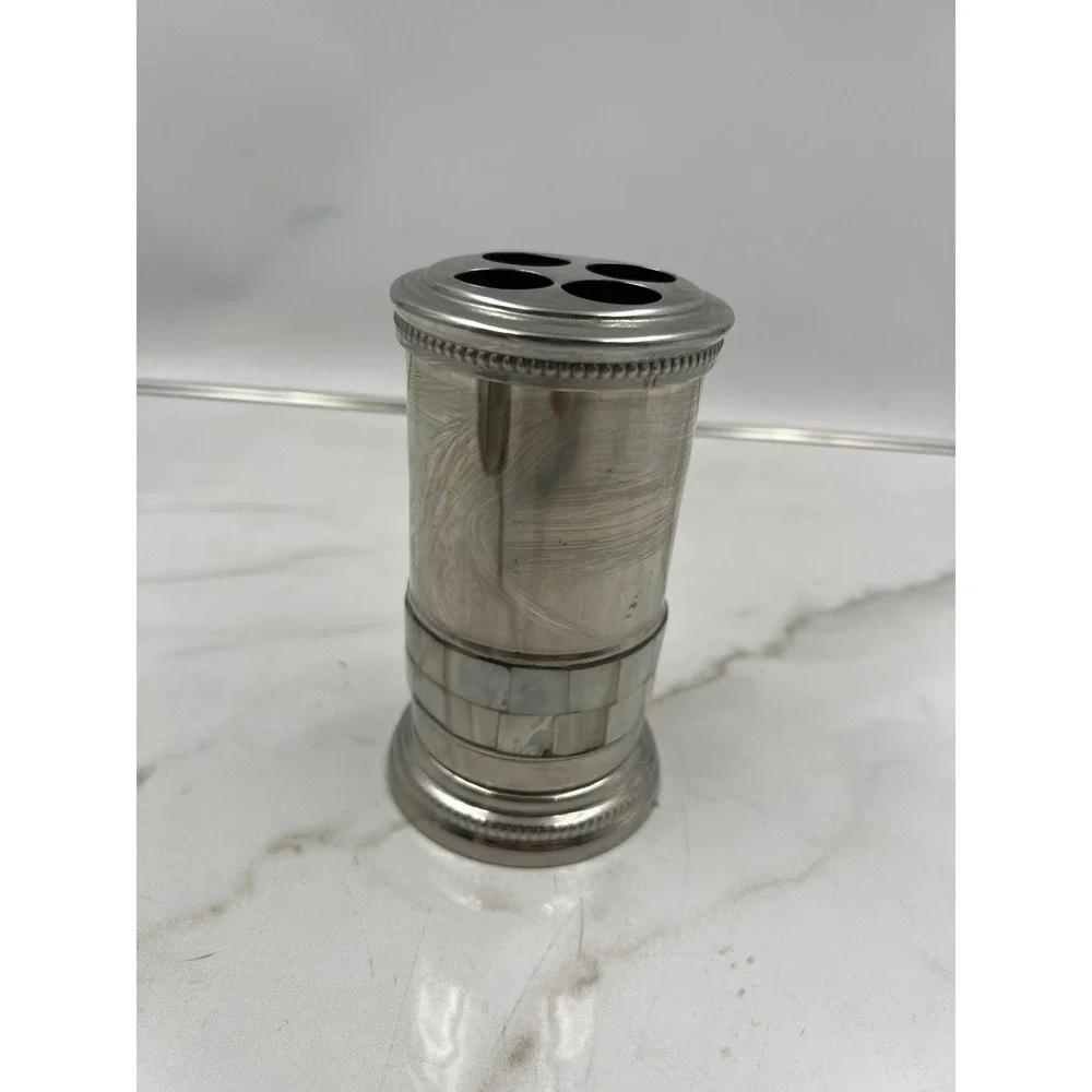 Toothbrush Holder 4 Slot Bath Silver Tone Mother of Pearl Vanity Decor
